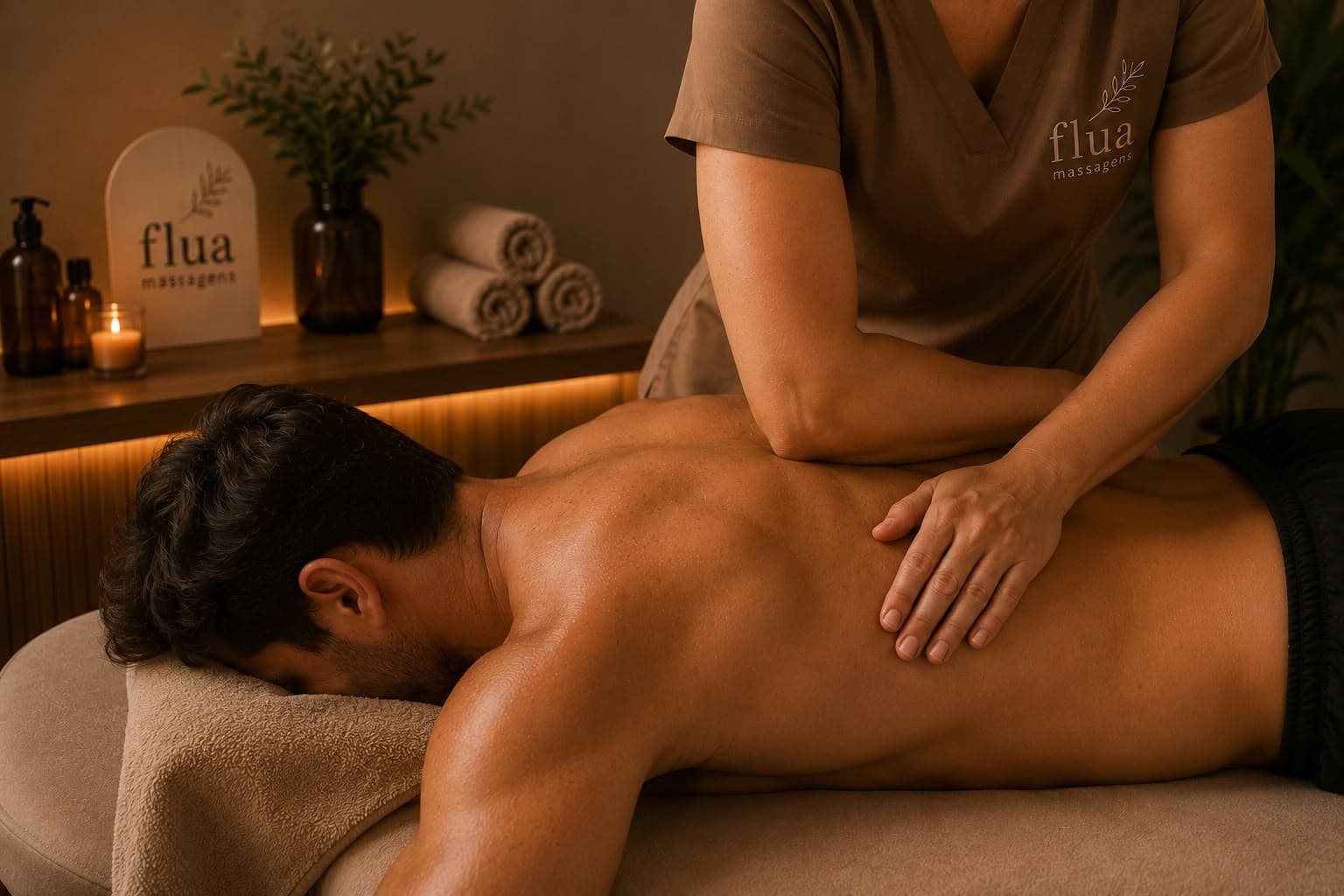 Aplicação de massageador percussivo Flua Recovery nas costas de um cliente